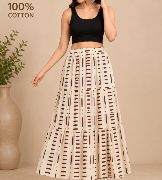 White Cotton Check Printed Tiered Maxi Skirt for Women, Handmade Maxi Skirt