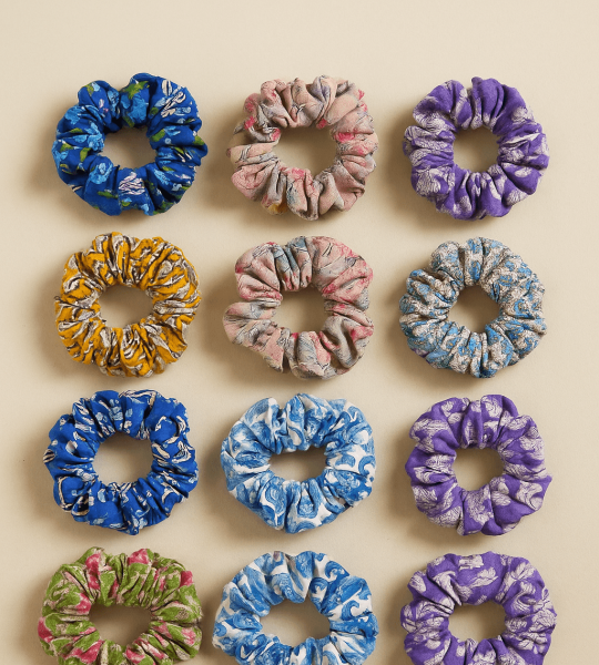 Peck Of 10 Pieces, Repurposed/Upcycled/Vintage Fabric Hair Scrunchies, Ponytail Holder, Print Band, Accessories, Sustainable Fabrics