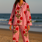 Hand Block Printed Cotton Pajama Set | Ped Striped Floral Nightwear | Boho Loungewear Sleepwear | Womens Handmade Night Suit