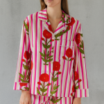 Hand Block Printed Cotton Pajama Set | Ped Striped Floral Nightwear | Boho Loungewear Sleepwear | Womens Handmade Night Suit