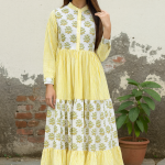 Handmade Cotton Block Print Maxi Dress – Yellow Floral & Stripe Dress with Pockets