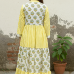 Handmade Cotton Block Print Maxi Dress – Yellow Floral & Stripe Dress with Pockets