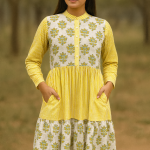 Handmade Cotton Block Print Maxi Dress – Yellow Floral & Stripe Dress with Pockets