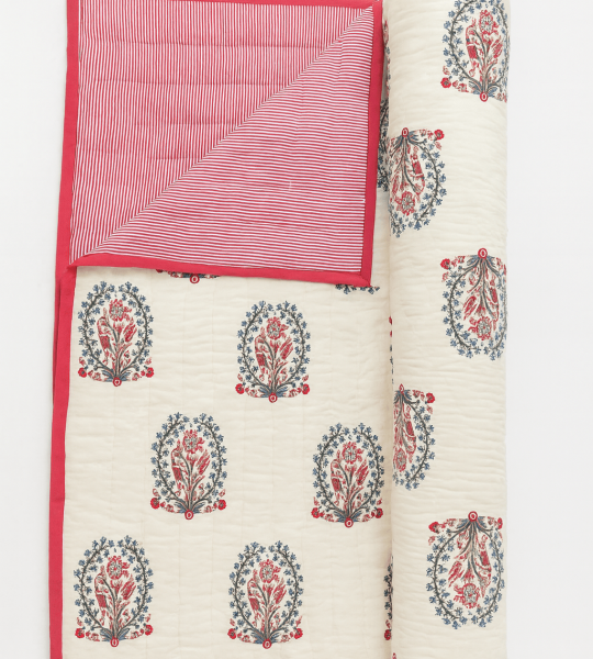 Handmade Cotton Block Print Quilt – Reversible Floral Jaipuri Blanket, Red Border Bedding, Indian Cotton Quilt