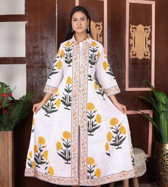 Hand Block Printed Dress, Yellow Colour Floral Print Dress, Indian Cotton Dress, Summer Women Dress, Long Women Dress, Gift For Her