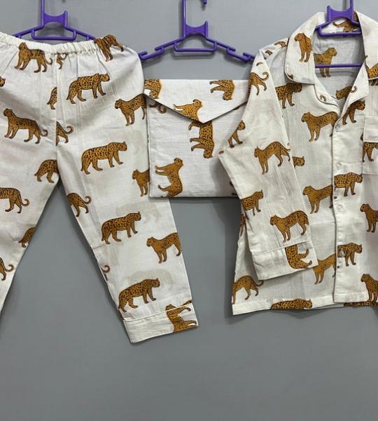 Tiger Print Cotton Pajama Set: Indian Bohemian Sleepwear