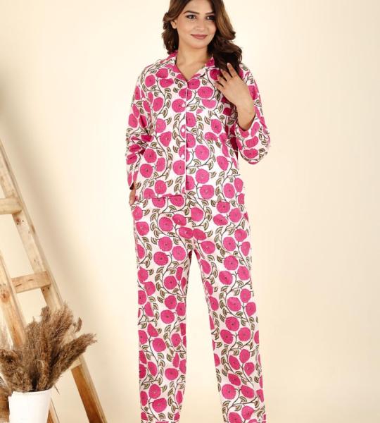 Hand Block Printed Cotton Pajama Set | Pink Striped Floral Nightwear | Boho Loungewear Sleepwear | Womens Handmade Night Suit