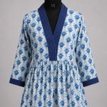 Blue Floral Cotton Kaftan Dress for Women, Hand Block Print Midi Dress, Boho Summer Dress, Loose Fit V Neck Dress, Beach Cover Up, Casual Resort Wear