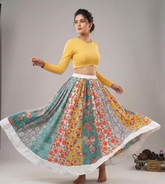 Hand Block Print Cotton Maxi Skirt for Women – Floral Boho Long Skirt with Elastic Waist, Summer Cottagecore Skirt