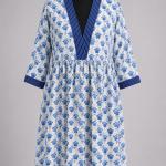 Blue Floral Cotton Kaftan Dress for Women, Hand Block Print Midi Dress, Boho Summer Dress, Loose Fit V Neck Dress, Beach Cover Up, Casual Resort Wear
