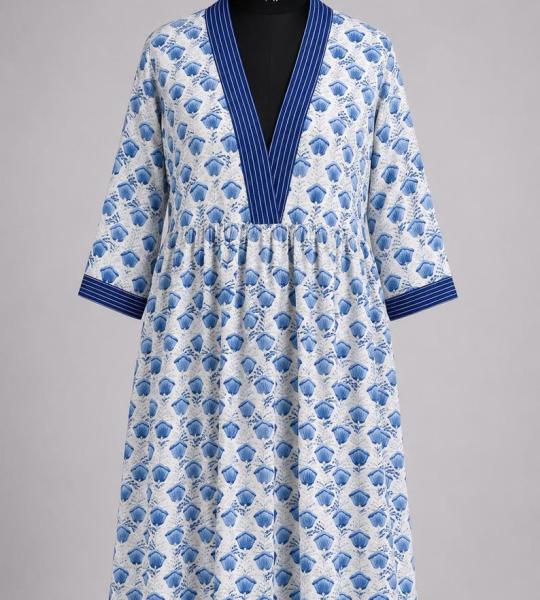 Blue Floral Cotton Kaftan Dress for Women, Hand Block Print Midi Dress, Boho Summer Dress, Loose Fit V Neck Dress, Beach Cover Up, Casual Resort Wear