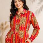 Women's Red Tiger Print Maxi Dress | Full Sleeve Collared Long Dress | Elegant Cotton Shirt Dress with Pockets