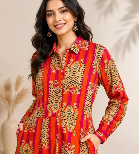 Women's Red Tiger Print Maxi Dress | Full Sleeve Collared Long Dress | Elegant Cotton Shirt Dress with Pockets