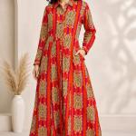 Women's Red Tiger Print Maxi Dress | Full Sleeve Collared Long Dress | Elegant Cotton Shirt Dress with Pockets