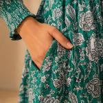 Women's Teal Green Floral Printed Maxi Dress | Long Sleeve Button-Down Casual Midi Dress