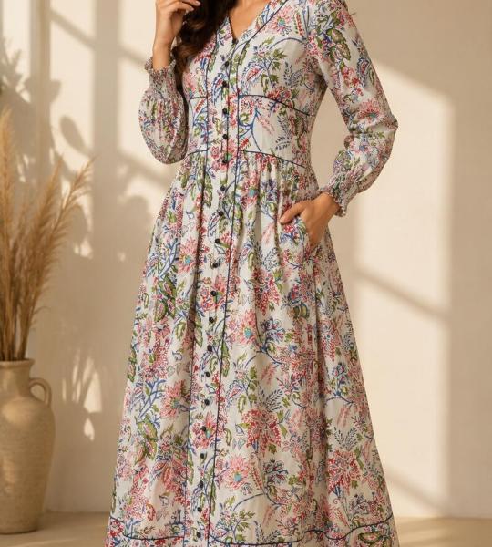 Women's Teal Green Floral Printed Maxi Dress | Long Sleeve Button-Down Casual Midi Dress