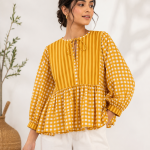 Women's Pink Checkered Peplum Top | Striped & Gingham Cotton Blouse | Puff Sleeve Casual Top for Women