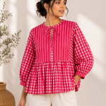 Women's Pink Checkered Peplum Top | Striped & Gingham Cotton Blouse | Puff Sleeve Casual Top for Women