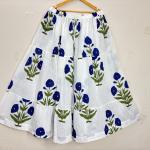 White Cotton Blue Floral Printed Tiered Maxi Skirt for Women