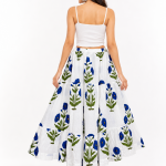 White Cotton Blue Floral Printed Tiered Maxi Skirt for Women