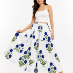 White Cotton Blue Floral Printed Tiered Maxi Skirt for Women
