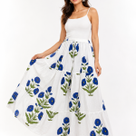 White Cotton Blue Floral Printed Tiered Maxi Skirt for Women