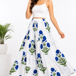 White Cotton Blue Floral Printed Tiered Maxi Skirt for Women