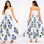 White Cotton Blue Floral Printed Tiered Maxi Skirt for Women