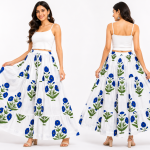 White Cotton Blue Floral Printed Tiered Maxi Skirt for Women
