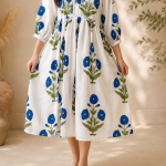 Elegant White & Blue Floral Cotton Maxi Dress | Hand Block Print Long Dress | Boho Summer Midi Dress with Pockets