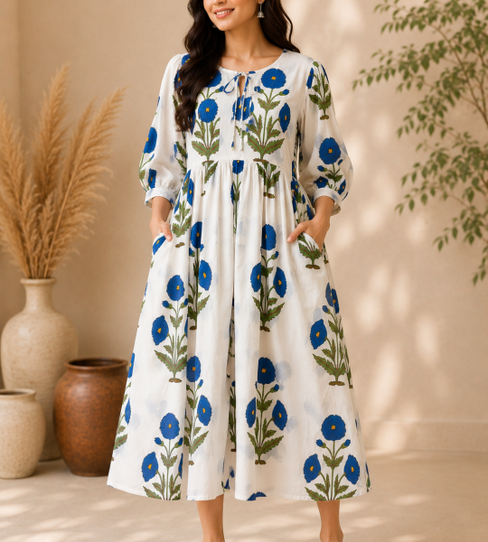 Elegant White & Blue Floral Cotton Maxi Dress | Hand Block Print Long Dress | Boho Summer Midi Dress with Pockets