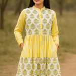 Handmade Cotton Block Print Maxi Dress – Yellow Floral & Stripe Dress with Pockets