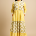 Handmade Cotton Block Print Maxi Dress – Yellow Floral & Stripe Dress with Pockets