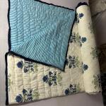 Handmade Cotton Block Print Quilt – Reversible Floral Jaipuri Blanket, Blue Border Bedding, Indian Cotton Quilt