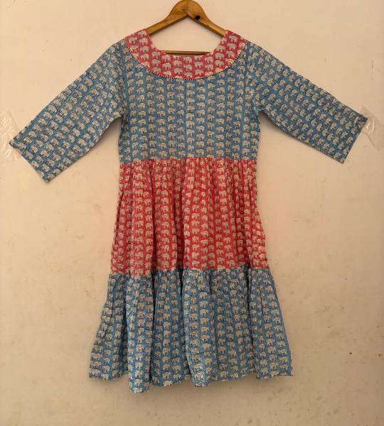 Boho Floral Print Midi Dress – Yellow & Blue Cotton A-Line Dress – Ethnic Casual Summer Wear – Hand Block Print – Comfortable Everyday Dress