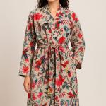 Handmade Green Jungle Print Velvet Kimono Robe: Cotton Bridal Coat