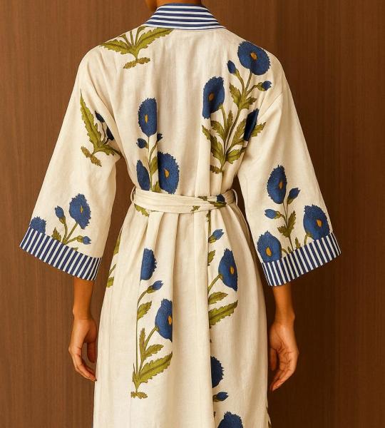 Block Print Cotton Kimono Robe, Floral Bridesmaid Dressing Gown, Summer Nightwear