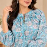Sky Blue Floral Printed Front-Tie Balloon Sleeve Top for Women