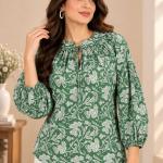 Green Floral Printed Front Tie-Up Balloon Sleeve Top for Women