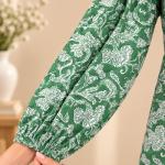 Green Floral Printed Front Tie-Up Balloon Sleeve Top for Women