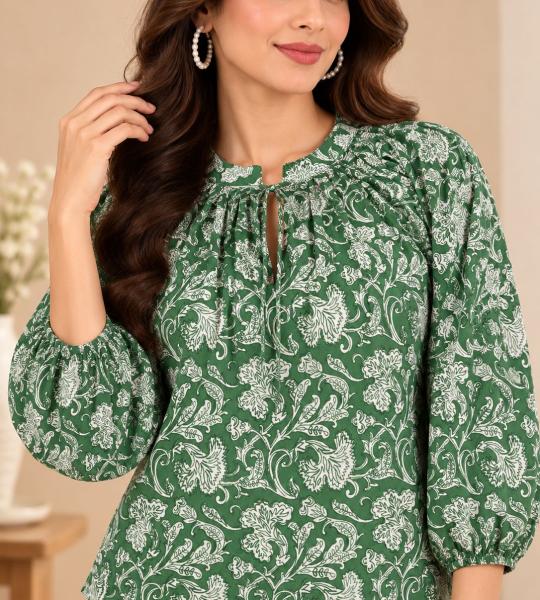 Green Floral Printed Front Tie-Up Balloon Sleeve Top for Women