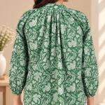 Green Floral Printed Front Tie-Up Balloon Sleeve Top for Women