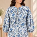 Blue Floral Printed Top for Women | Balloon Sleeve Blouse with Tie Neck | Casual Boho Top