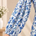 Blue Floral Printed Top for Women | Balloon Sleeve Blouse with Tie Neck | Casual Boho Top