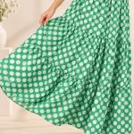 Green & White Polka Dot Tiered Maxi Skirt for Women | Flowy Long Skirt with Elastic Waist & Drawstring