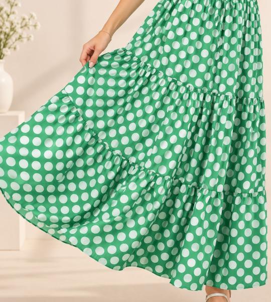 Green & White Polka Dot Tiered Maxi Skirt for Women | Flowy Long Skirt with Elastic Waist & Drawstring